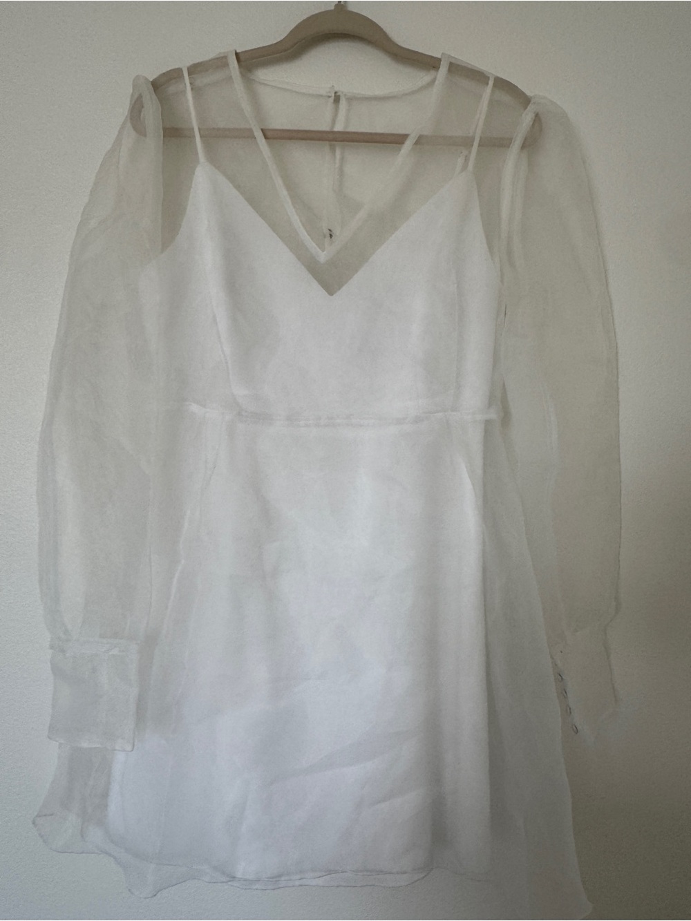 Park & Fifth Delancey Mini Dress in White Organza Sheer Puff Long Sleeves in XL